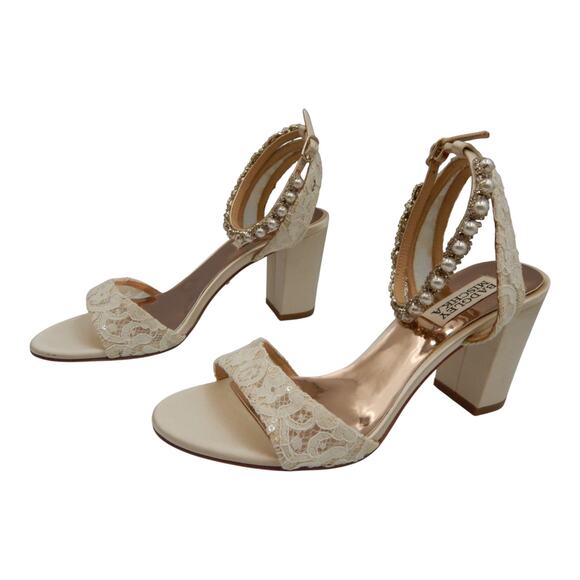 Badgley Mischka Koko Pearl & Rhinestone Lace Block Heel Bridal Sandals Ivory 6 - Picture 1 of 10